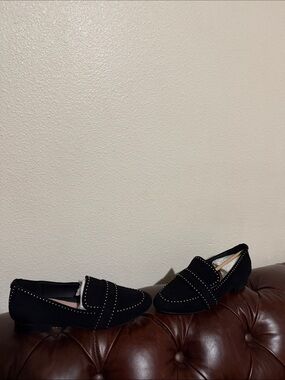 Taryn Rose Black Suede Loafers with Gold Stud Accents